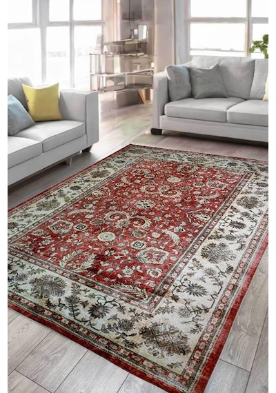 Çam Halı Dream 32-031 Etnik Eskitme Desenli Dokuma Tabanlı Yıkanabilir Şönil Salon Ve Oda Halısı Kiremit - Krem