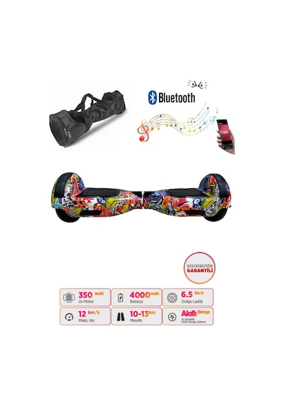 Citymate Elektrikli Kaykay Hoverboard Bluetooth Hoparlörlü 6.5 İnç Grafiti D11 +Çanta