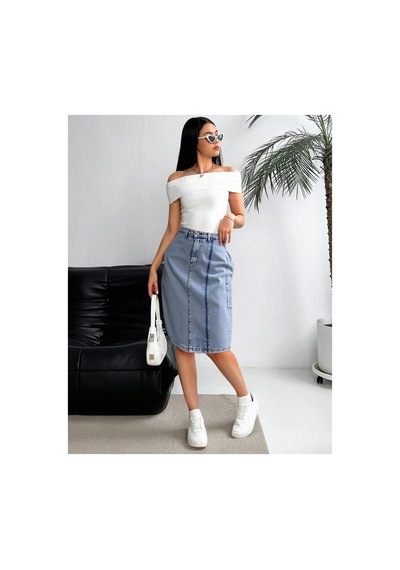 Kene Jeans Yüksek Bel Ön Fermuar Detaylı Kot Etek Taş