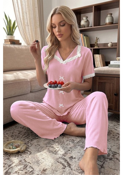 Bella Notte Pembe Dantel Yaka Fiyonk Detaylı Kısa Kollu Kadın Pijama Takımı Çok Renkli