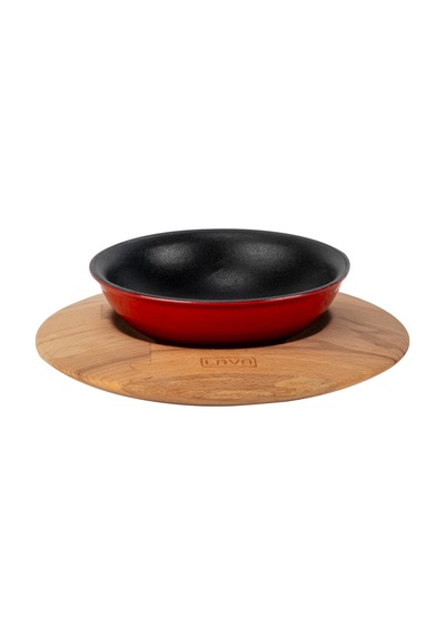 Lava Döküm Yuvarlak Çorba Kasesi Ve Kayın Servis Ahşabı. Çap Ø 14cm. Bordo