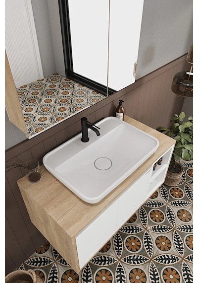 Lale Beyaz 90 Cm %100 Mdf Lavabolu Banyo Dolabı + Aynalı Dolap Beyaz Meşe Lale Beyaz 90 Cm %100 Mdf Lavabolu Banyo Dolabı + Aynalı Dolap Beyaz Meşe