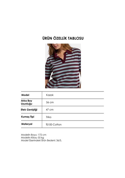 Kadın Bordo Çizgili W6-35 Oversize Polo Yaka Triko