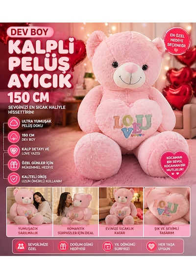 Dev Boy Kalpli Peluş Ayıcık 150 Cm Ultra Yumuşak Büyük Boy Sevgiliye Özel Hediye Ayı Pembe