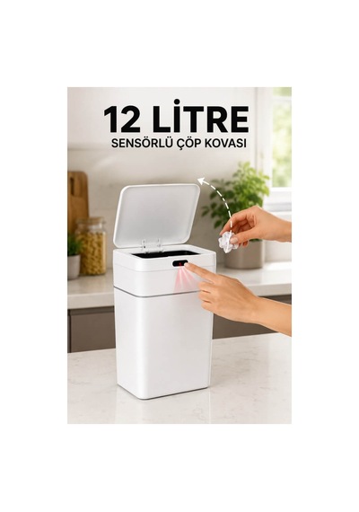 Piev Sensörlü Otomatik Kapaklı Akıllı Çöp Kovası Beyaz 12 Lt