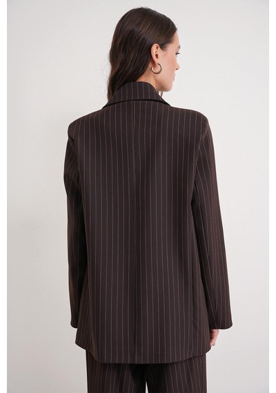 Mixray 4753 Kadın Çizgili Oversize Blazer Ceket Kahve