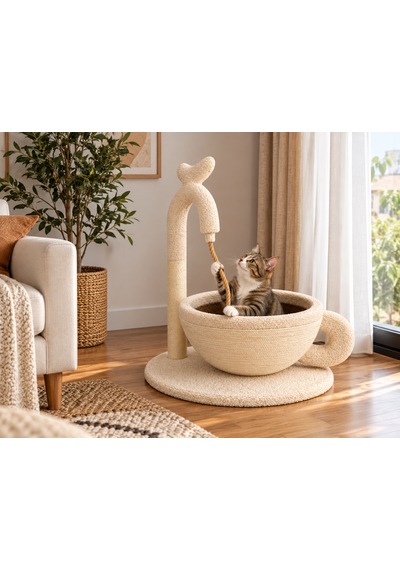 Pureza Kahve Fincanı Tasarımlı Kedi Yatağı, Sisal Tırmalama Direkli & Oyuncaklı Peluş Kedi Dinlenme Alanı