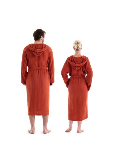 Unisex Kapşonlu 4 Kat Müslin Bornoz - Kiremit