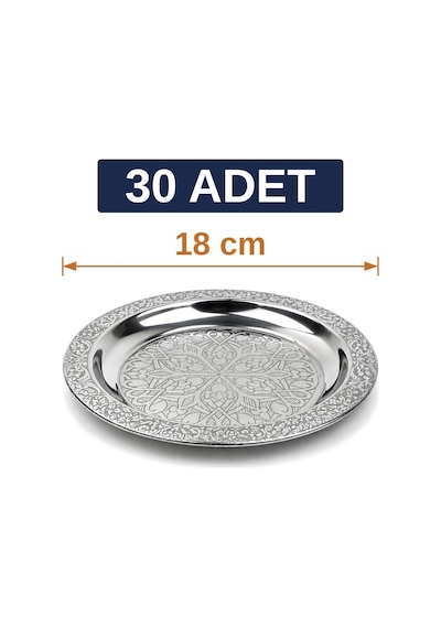 Binbir Trend 18 Cm İşlemeli Kenarlı Otantik Desenli Krom Çelik Meze Ve Servis Tabağı 30 Adet