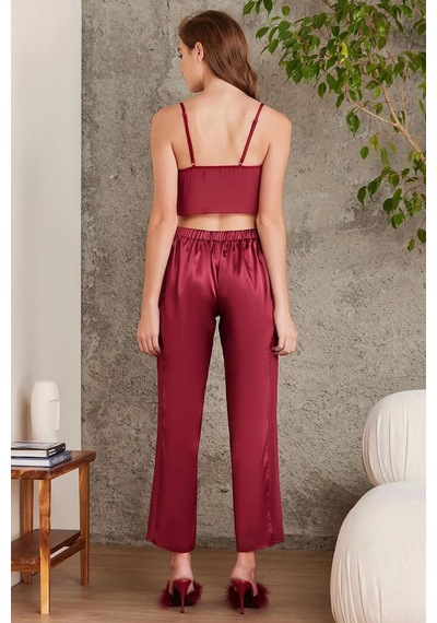 Pierre Cardin 7025 Kadın Bordo 4'lü Saten Takım Gelin Set Bordo