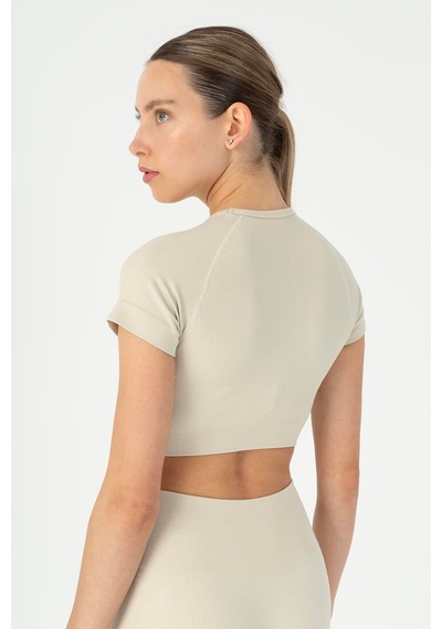 Maraton Slimfit Kadın Bisiklet Yaka Bej- Crop Top Bej-