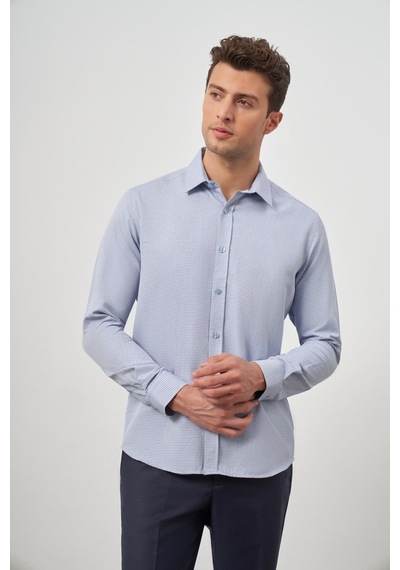 İmza Koyu Mavi Uzun Kol Kendinden Desenli Armürlü Sert Yaka Cepsiz Pamuklu Classic Slim Fit Gömlek 1004245161 Koyu Mavi