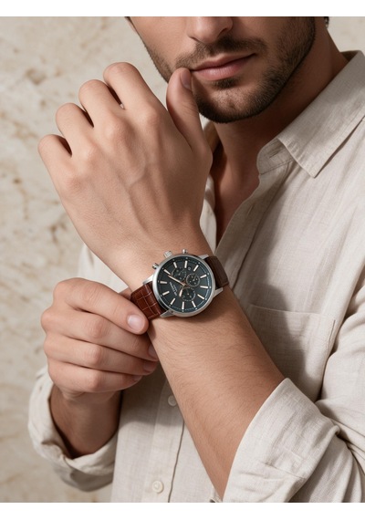 Lee Cooper Kahverengi Deri Kayış Yeşil Kadran 40 Mm Yuvarlak Erkek Kol Saati, Bileklik Hediyeli Gümüş