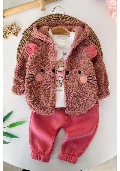 Minigimin Cicileri Kedi Figürlü Peluş Ceketli, Baskılı Tişörtlü Ve Fırfır Paçalı Kız Bebek 3 Lü Takım - Gül Kurusu Minigimin Cicileri Kedi Figürlü Peluş Ceketli, Baskılı Tişörtlü Ve Fırfır Paçalı Kız Bebek 3 Lü Takım - Gül Kurusu