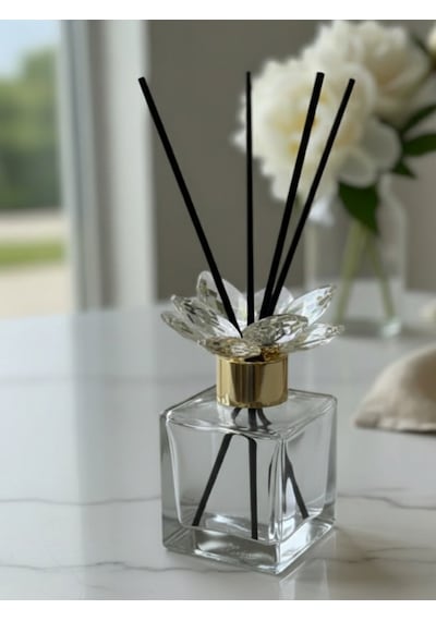 Mucit Home Kristal Taşlı Ve Gold Kapaklı Şeffaf Koku Şişesi Ve Bambu Çubuğu