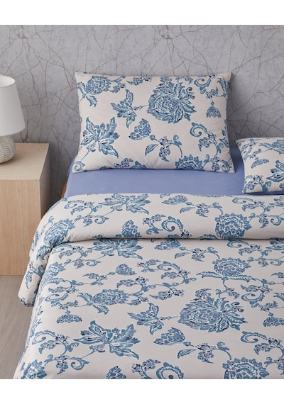 English Home Curioleaf Pamuk Çift Kişilik Çarşaflı Nevresim Takımı 200x220 Cm Mavi - Bej Mavi - Bej