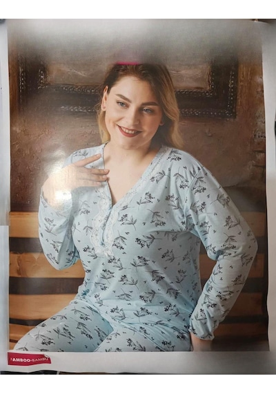 Sude Kadın Bambu Büyük Beden Uzun Kol V Yakası Nakışlı İnce Pijama Takımı P/4331- 1 Adet 001