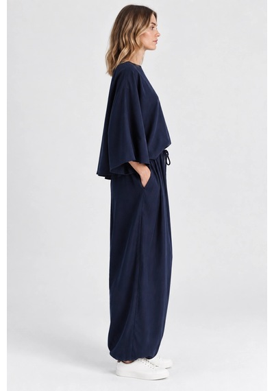 Mevese Rahat Kesim Modal Takım - Yarasa Kol Oversize Bluz Ve Geniş Paça Şalvar Pantolon - Lacivert