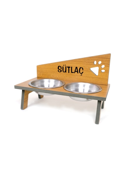 Suya Dayanıklı Ahşap Çelik Kâseli Özel Isim Baskılı Kedi-köpek Mama Ve Su Kabı Stantı - 2 350 Ml.