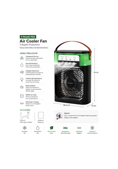 Blic Bwfn10 Siyah Sulu Fan Masa Üstü Mini Klima Vantilatör Nemlendiricili Soğutucu Fan 600ml