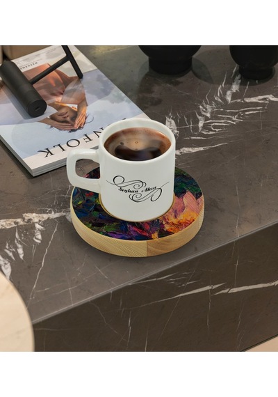 Kişiye Özel Modern Art Tasarımlı Doğal Ahşap Tabaklı Türk Kahvesi Fincanı Model 20