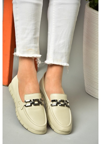 Fox Shoes P555081103 Bej Hakiki Deri Düz Ayakkabı Bej