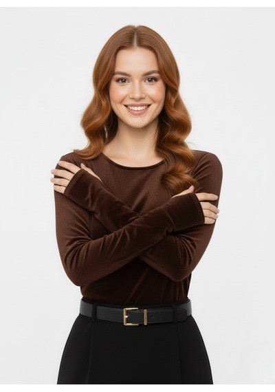 Smalltouch Kadın Parmak Geçmeli Uzun Kollu Kadife Kumaş Bluz Kahverengi