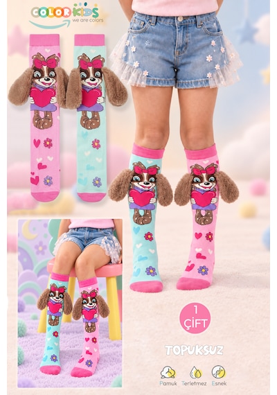 Color Socks 1 Çift Turkuaz & Pembe Peluş Kulaklı Sevimli Köpek Desenli Çorap Topuksuz Pembe - Turkuaz