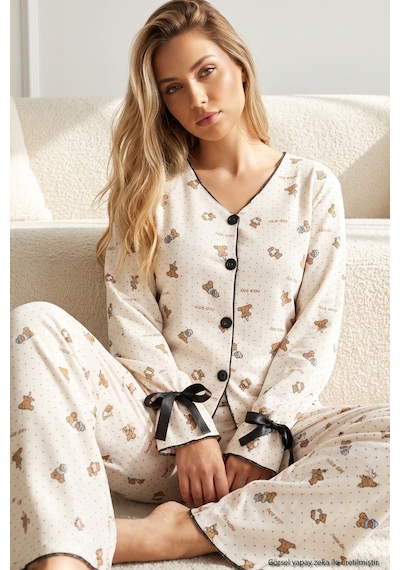 Siyah İnci Desenli Bürümcük-krınkıl Kurdele Detaylı Düğmeli Hırka Pijama Takım 26223921 Ekru Ayıcık