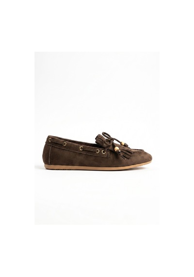 Giamgia Store Püsküllü Boncuk Detaylı Kahverengi Süet Makosen Loafer Ayakkabı-2415
