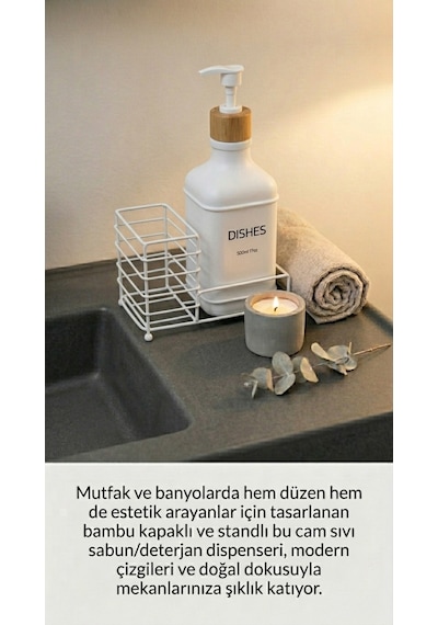 Makri Home Metal Stantlı Bambu Kapaklı Cam Sıvı Sabunluk/deterjanlık, 500 Ml, 15 8,5 23 Cm Beyaz