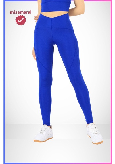 Missmaral Slim Fit Tayt Yüksek Bel Toparlayıcı Saks Mavi Spor Model Flatlock Dikiş Detaylı Oslo 1090 Mavi