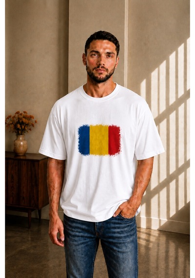 Sngl Tekstil Erkek Oversize Romanya Bayrak Baskılı Kısa Kollu Tişört S M L Xl 2xl Beyaz