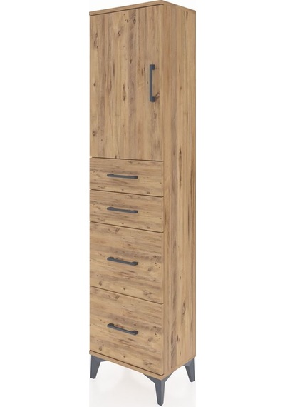 Arges Dolap Tek Raflı 4 Çekmeceli Tek Kapaklı 44x30x182 Çam-çam Çam