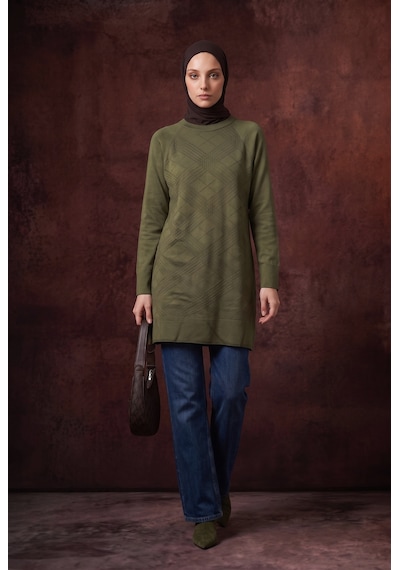 Armine Trend Geometrik Desenli Bisiklet Yaka Uzun Kollu Rahat Kesim Tunik Haki 26ktd411
