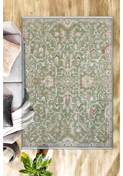 Adaçayı Yeşili Vintage Madalyon Desenli Makine Halısı - Modern Salon Ve Oturma Odası Halısı Cagla