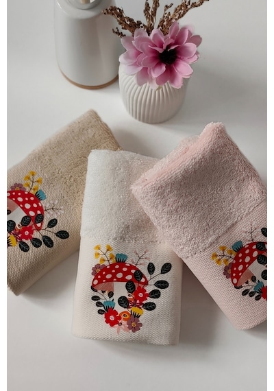 3'lü Mantar Baskılı Karışık Renkli Misafir Havlu Takımı - Bambu El & Yüz & Mutfak Havlusu - 30x50 Cm Krem Krem