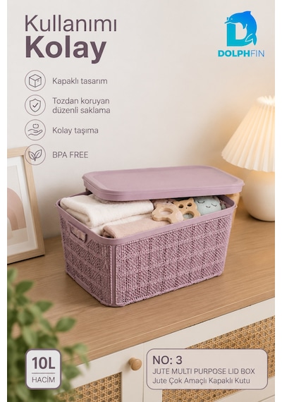 Jute Kapaklı Saklama Kutusu 10 L Plastik Mutfak Kiler Dolap İçi Organizer 34x24x15,5 Cm Mor