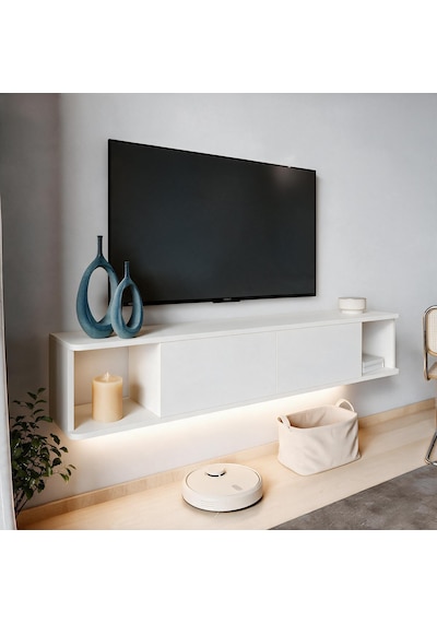 İnarch Dizayn Twist Led Işıklı Duvara Monte Tv Sehpası - 2 Kapaklı Beyaz