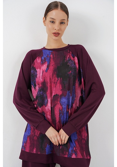Bigdart Kadın Desenli Oversize Tunik Pantolon İkili Takım 55462 - Mor