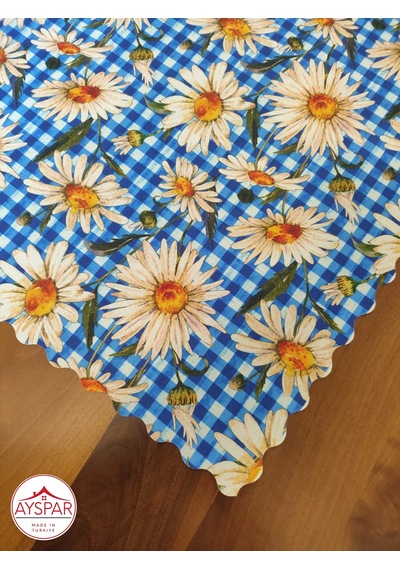 Masa Örtüsü 150x170 Cm Açık Mavi Kareli Papatya Beyaz