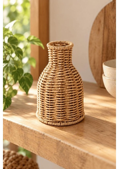 Atbyhome Doğal Hasır Rattan Çiçek Vazosu 16 Cm - Masa Üstü Dekoratif El Örgüsü Küçük Kuru Çiçeklik Vazo Kahverengi