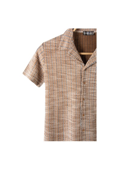 Erkek Bej Kısa Kollu Slim Fit Çizgi Desenli Pamuklu Yazlık Gömlek Taş