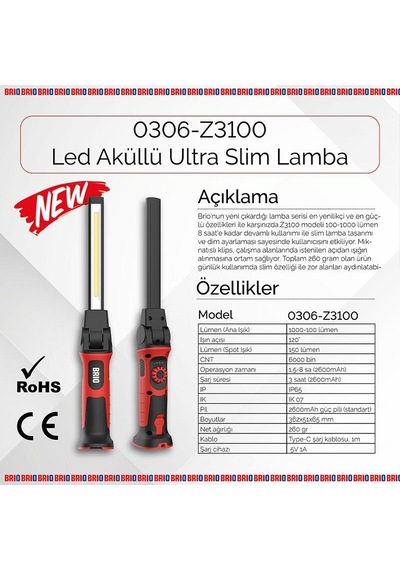 Brio Usb Şarjlı Led Fener Lamba Güçlü Işık Tamirci Feneri 1000 Lümen