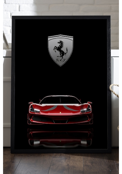 Ferrari F8 Siyah Ahşap Çerçeveli Poster, Dekoratif Araba Duvar Tablosu