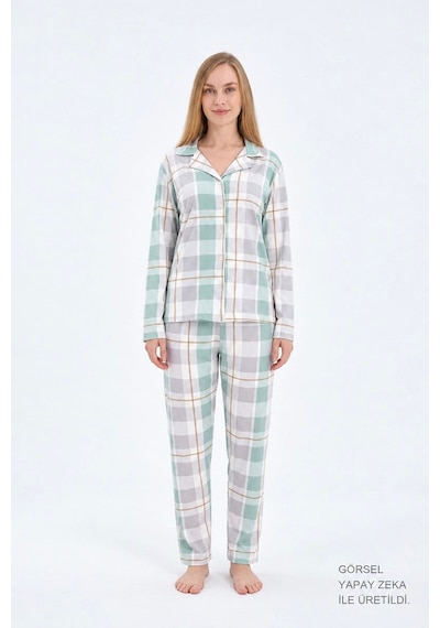 Cottonill Yeşil Gri Ekose Desenli Yumuşak Dokulu Gömlek Yaka Düğmeli Uzun Kollu Kadın Pijama Takımı