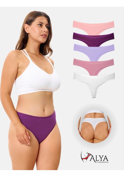 Alya Underwear Kadın Bato Tanga Pamuklu Külot, Büyük Beden String, 5'li Paket- 2 Siyah, 1 Beyaz, 2 Ten Multicolor-p25