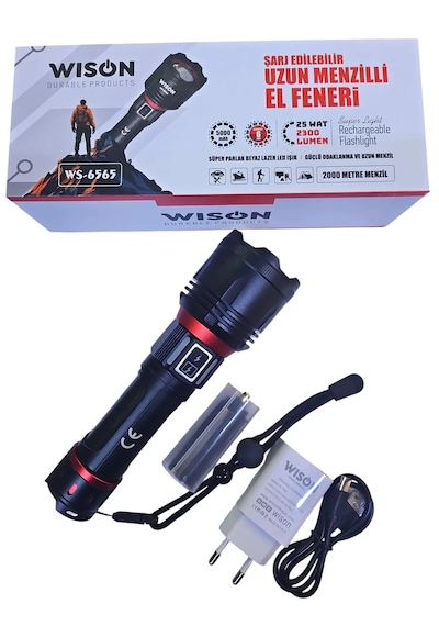 Wison Ws-6565 25wat 5000mah 2300lm Şarjlı Uzun Menzilli El Feneri Siyah