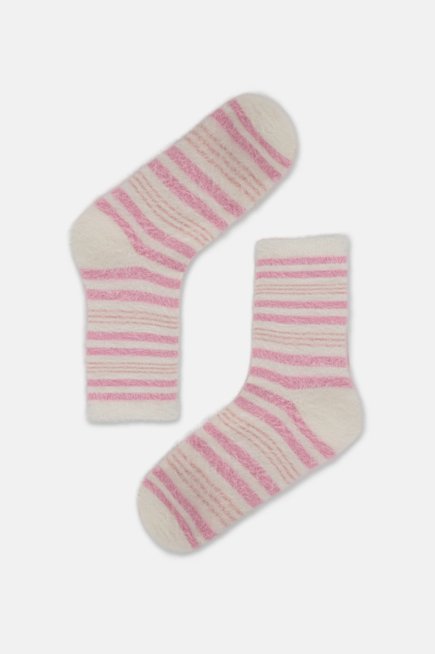 Suwen Fluffy Stripe Soket Çorap Sc1520038 Ekru / Pembe