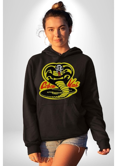 Cobra Kai Karete Çocuk Yılan Logo Dizi Kadın Erkek Siyah Kapüşonlu Sweatshirt Hoodie Siyah